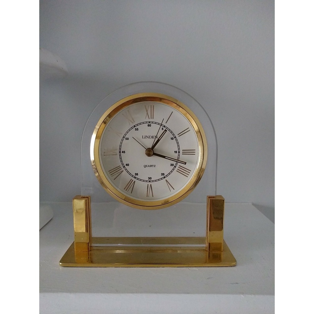 Linden Quartz Gold Tone Acrylic Desk Clock Roman Numeral Alarm Vintage Style